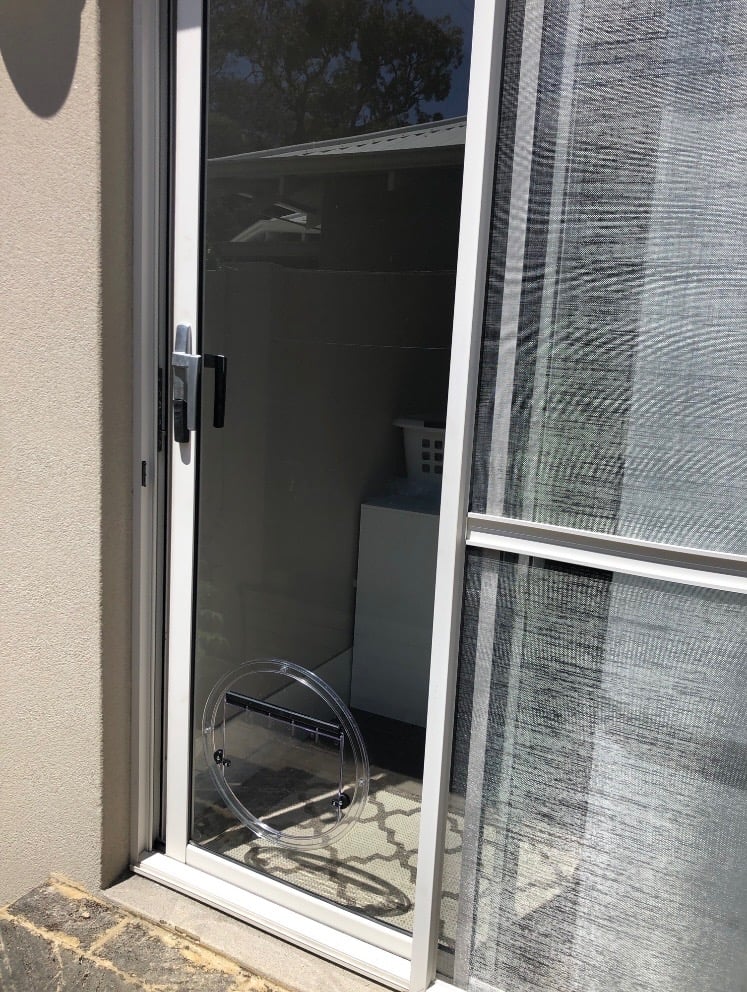 Clear glass pet flap installed in a sliding door